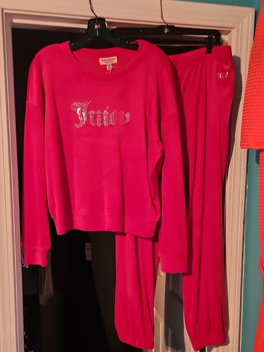 Juicy Couture Womens Red Velour Track Suit with Rhinestone Logo